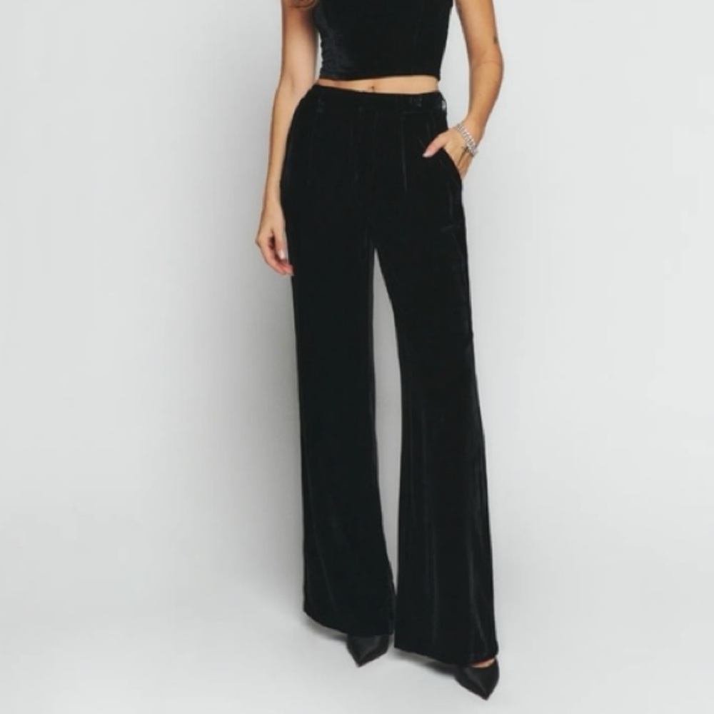 Reformation Wes Wide-leg Velvet Black Trouser Pants